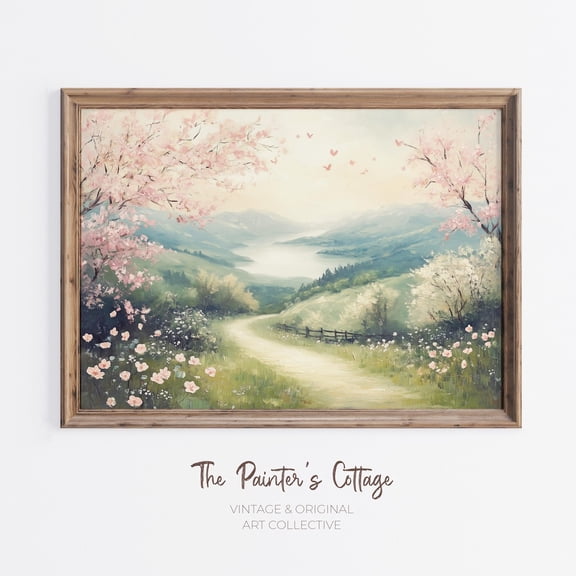Mountain Lake Wall Art, Winding Path Landscape Print, Romantic Blossom Tree, Cottagecore Spring Scenery, Pastoral Countryside Home Decor UNFRAMED Poster, Wall Art for Decor, Present, 12x18