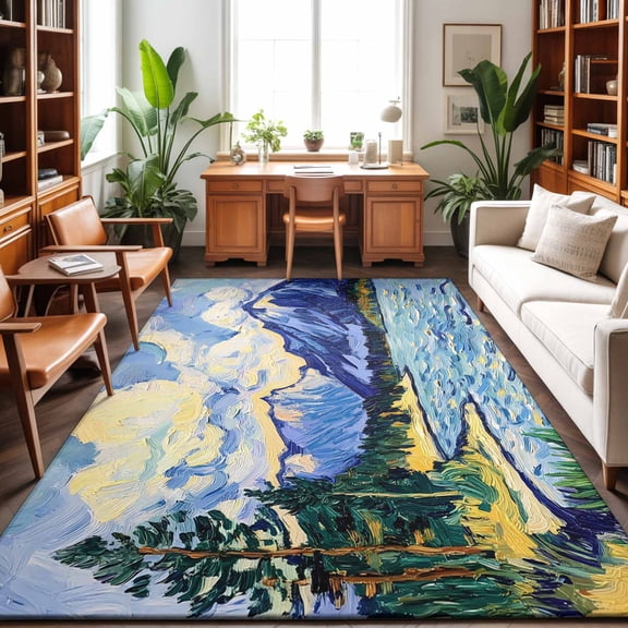 Mountain Lake Washable Area Rug 5 x 7 ft Oil Painted Coastal Sandy Beach Pine Tree, Soft Non Slip Rugs Stain Repellent Indoor Felt Carpet for Living Dining Room Bedroom Home Office
