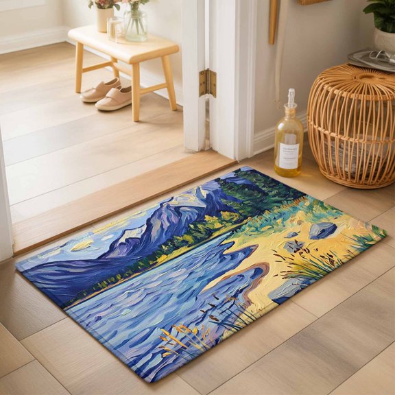 Mountain Lake Washable Small Entryway Area Rugs 2'x3', Oil Painted Rock Shore Wild Grass Washable Throw Rug Non-Slip Sturdy Edge Binding Carpet for Front Door Floor Room Entry