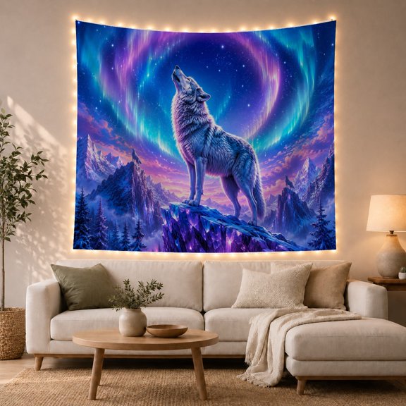Mountain Lake Wolf with Standing Jagged Crystalline Peak, Mystical Fantasy for Space Lovers, Galaxy Room Decor, Housewarming Gift, Tapestry Wall Hanging for Bedroom and Dorm
