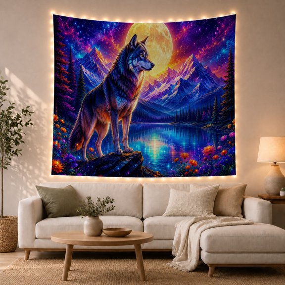 Mountain Lake Wolf with Standing Profile Craggy Rock, Mystical Fantasy for Space Lovers, Galaxy Room Decor, Mother'S Day Gift, Tapestry Wall Hanging for Bedroom and Dorm