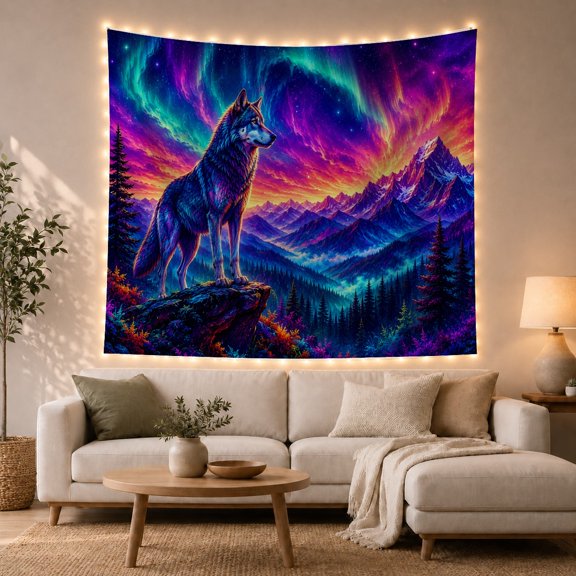Mountain Lake Wolf with Standing Profile Side Perched, Mystical Fantasy for Space Lovers, Galaxy Room Decor, Housewarming Gift, Tapestry Wall Hanging for Bedroom and Dorm