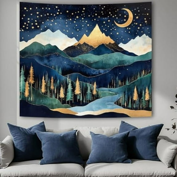 Mountain Lakes Photography Backdrops Nature Forest Night Background Cloth Moon Stars Tapestry Aesthetic Nature Backdrop Banner for Party Photo Studio Home Wall Decoration 130x150cm/4.9x4.3ft