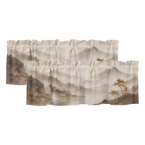 Mountain Landscape 2 Panels Kitchen Valance, Zen Mist Mountains Charcoal Ink Wash Texture Curtains Valances for Small Windows Rod Pocket Window Treatments for Living Room Bedroom 54" W x 18" L