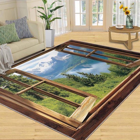 Mountain Landscape Area Rug, Nature Washable Rug, Non Slip Low Pile Carpet for Living Room Bedroom Home Decor 2x3ft