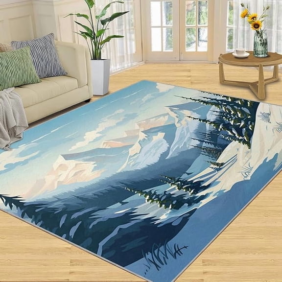 Mountain Landscape Area Rug, Winter Snow-Capped Peaks Pine Forest Living Room Rug Cabin Lodge Style Bedroom Rug, Machine Washable Carpet for Front Entrance Floor Decor 2 x 3ft