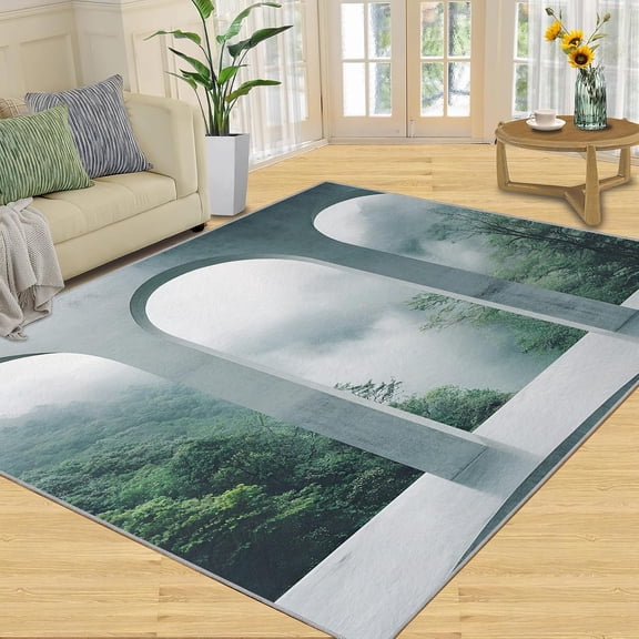 Mountain Landscape Area Rug, Woodland Nature Washable Rug, Non Slip Low Pile Carpet for Living Room Bedroom Home Decor 2x3ft