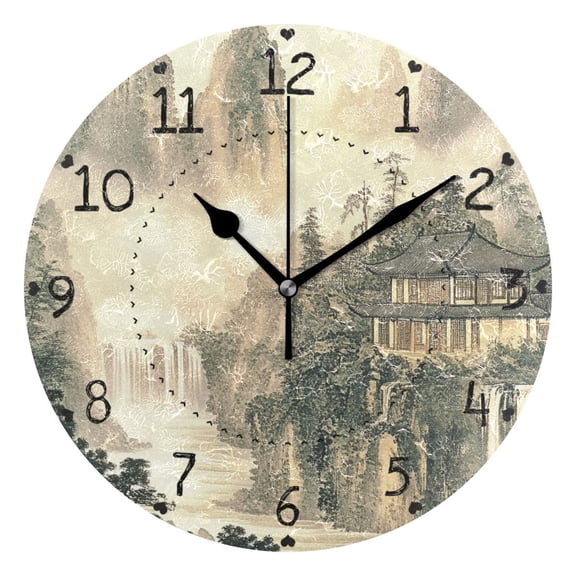 Mountain Landscape Art Round Wall Clock Silent Battery Operated Home Decor for Living Room Bedroom