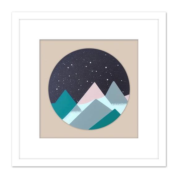 Mountain Landscape At Night Stars Abstract Circle Painting Square Wooden Framed Wall Art Print Picture 8X8 Inch