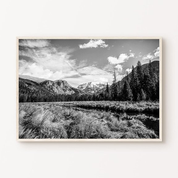 Mountain Landscape Black White Forest Nature Horizontal Graphic Poster Unframed Paper Print