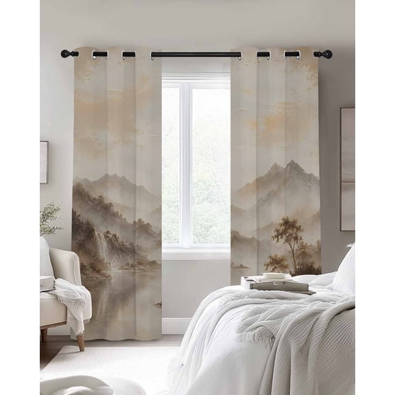 Mountain Landscape Blackout Curtains 2 Panels, Zen Mist Mountains Charcoal Ink Wash Texture Thermal Insulated Grommet Window Curtains for Bedroom Living Room 42"x45"