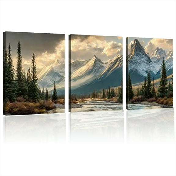 Mountain Landscape Canvas Art - Modern Abstract Forest Wall Decor for Living Room & Bedroom,, Serene Lake & Snow-Capped Peaks Print, Natural Scenery Home Decoration, 12*16inch*3pcs