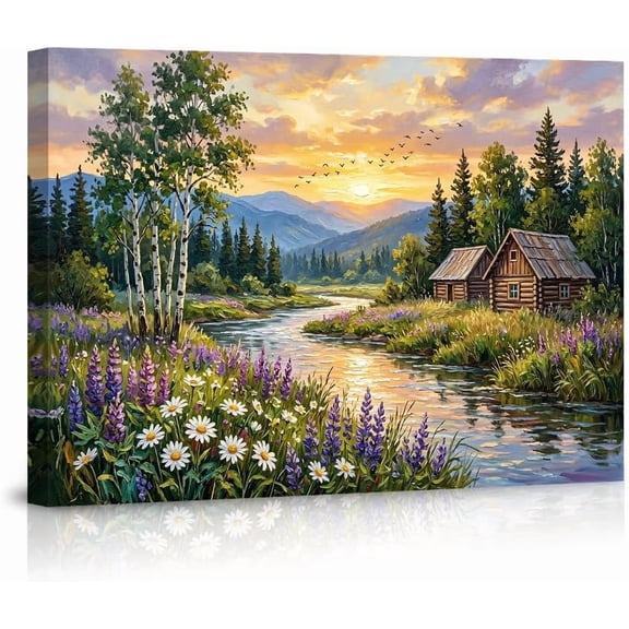 Mountain Landscape Canvas Wall Art Nature Sunrise Scenic Oil Painting Style Log Cabin River Wildflowers Posters Rustic Country Home Decor for Living Room Bedroom
