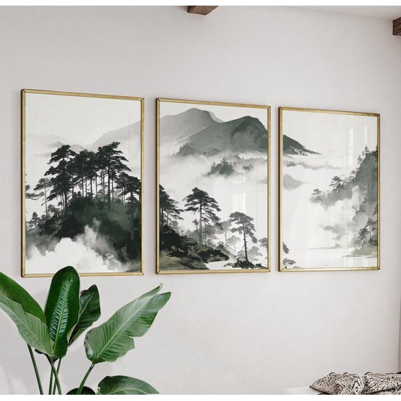 Mountain Landscape Chinese Ink Wash Print Set 3 Unframed Paper Print 16x24