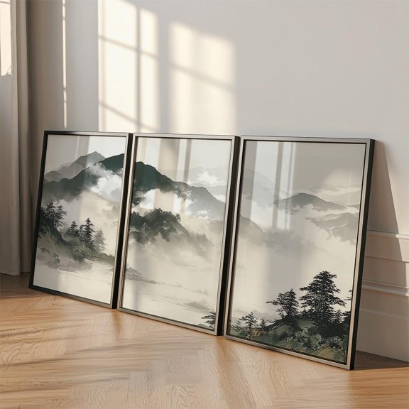 Mountain Landscape Chinese Ink Wash Print Set 3 Unframed Paper Print 16x24