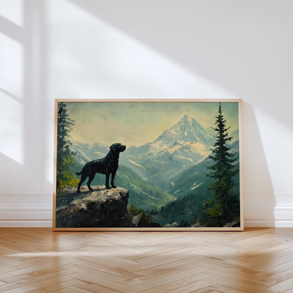 Mountain Landscape Dog Black Labrador Vintage Oil Nature Lab Mom Animal Wall Art Alternate Style 3 Poster , Poster Print Only