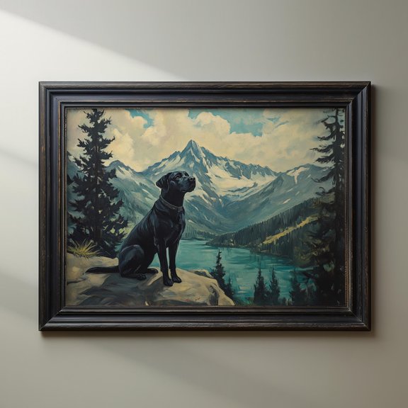Mountain Landscape Dog Black Labrador Vintage Oil Nature Lab Mom Animal Wall Art Alternate Style 4 Poster , Poster Print Only