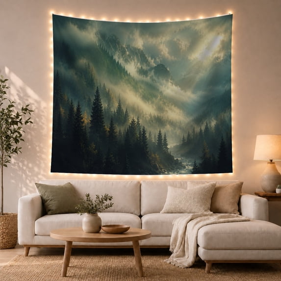 Mountain Landscape in Fog and Snow Mist, Serene Painterly Style for Nature Lovers, Scenic Wall Art, Christmas Gift Tapestry Wall Hanging for Bedroom, Living Room and Dorm