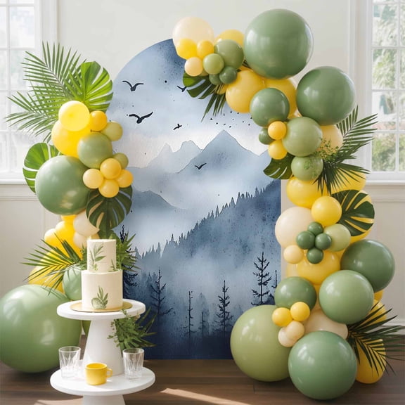 Mountain Landscape Forest Arch Backdrop Cover, 7.2FT, Tree Silhouette Blue Bird Sky Spandex Arch Covers Double-Sided Backdrop for Wedding Birthday Party Photo Background Decoration