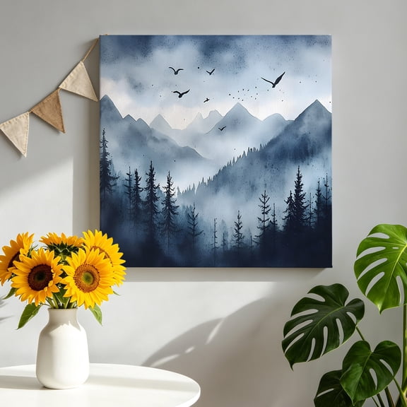 Mountain Landscape Forest Canvas Wall Art, Tree Silhouette Blue Bird Sky Pictures Wall Decor Wooden Framed Artwork Art Prints for Living Room Hallway Bedroom Office 8"x8"