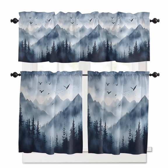 Mountain Landscape Forest Kitchen Curtains Valances and Tiers Set of 3, 24 Inch Length Tier Curtains and Valance Rod Pocket Valance Curtains Set for Kitchen Bathroom Small Windows