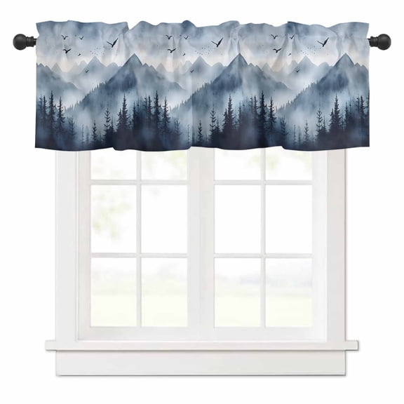 Mountain Landscape Forest Valances for Windows Tree Silhouette Blue Bird Sky Rod Pocket Curtain Valance Window Treatment Short Curtains for Kitchen Living Room, 58"x16"