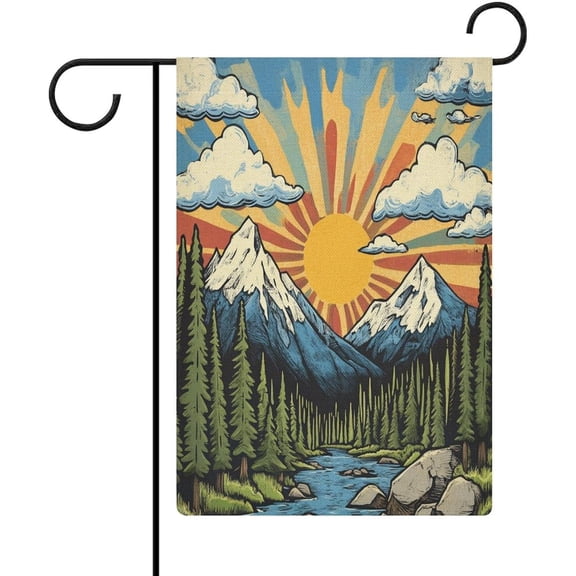 Mountain Landscape Garden Flag Double Sided Burlap 12 x 18 Inch Rocky Mountains With Sun and Clouds for House Porch Patio Lawn Deck Door
