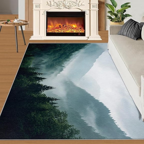 Mountain Landscape Gifts & Home Decor, Misty Forest Area Rug, Washable Rugs for Bedroom, Fir Tree Rugs for Living Room, Non Slip Indoor Carpet 2 x 3ft