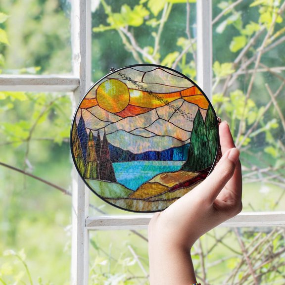 Mountain Landscape Glass Suncatcher, Sunset Peaks Forest River, Scenic Nature Decor, 6.3 in