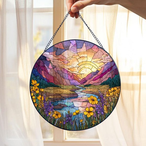 Mountain Landscape Glass Suncatcher, Sunset River Meadow Window Hanging Nature Scenic Rustic, 3.5 in