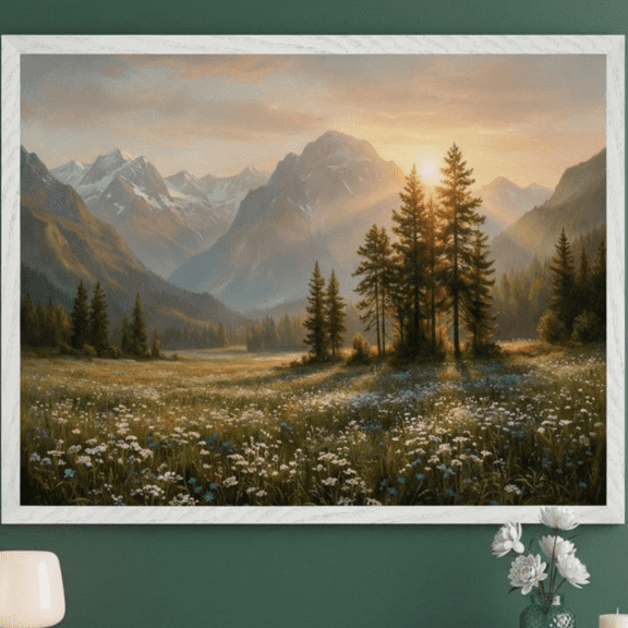 Mountain Landscape Golden Hour Sunset Poster, Wildflower Meadow Nature Decor, Unframed Canvas 8x10in