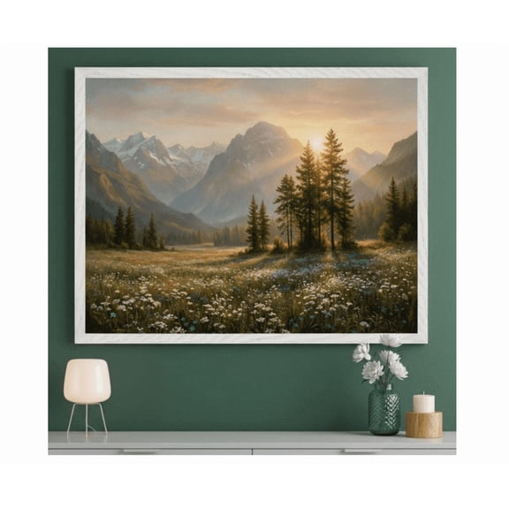 Mountain Landscape Golden Hour Sunset Wall Art Wildflower Meadow Nature Decor Alpine Vista Scenic Poster Pine Forest Valley Illustration