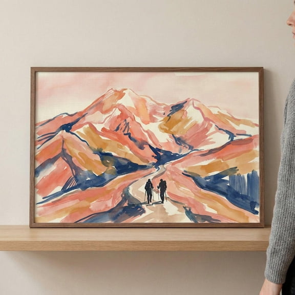 Mountain Landscape Hiking Couple Terracotta Wilderness Trail Poster Unframed Paper Print