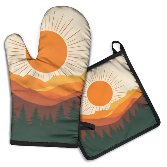 Mountain Landscape Kitchen Oven Mitt and Pot Holder Sets 2 Pcs for Baking, Cooking and Grilling, Heat Resistant Up To 392 °F