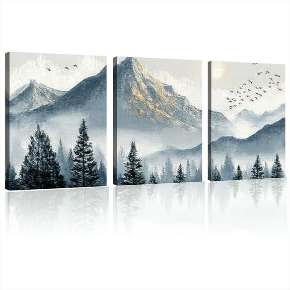 Mountain Landscape Large Wall Art, Misty Forest Canvas Prints, Blue Gold Watercolor Pine Tree Paintings Wall Decor Living Room Bedroom, Natural Scenery Office Decor Pictures 12x16x3pcs