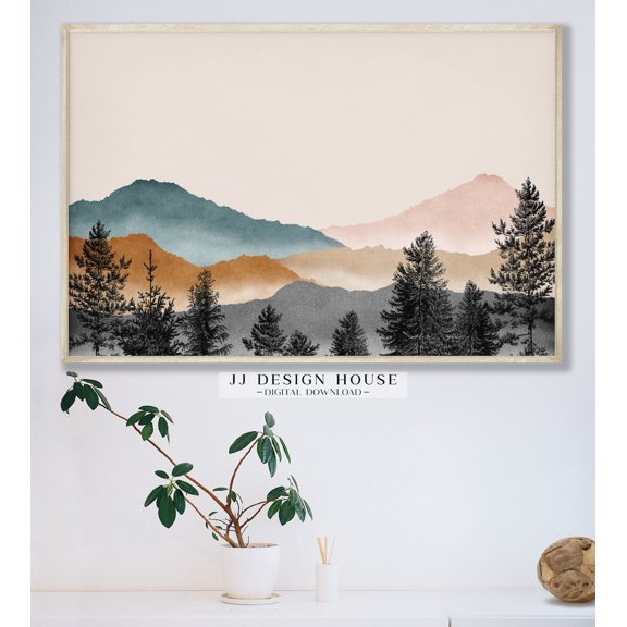 Mountain Landscape Midcentury Modern Boho Elegant Decorative Design Statement Accent Interior Wall Decor
