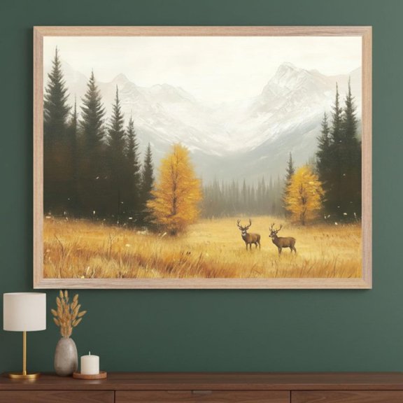 Mountain Landscape Misty Autumn Peaks Deer Meadow Rustic Lodge Wall Decor Unframed Paper Print