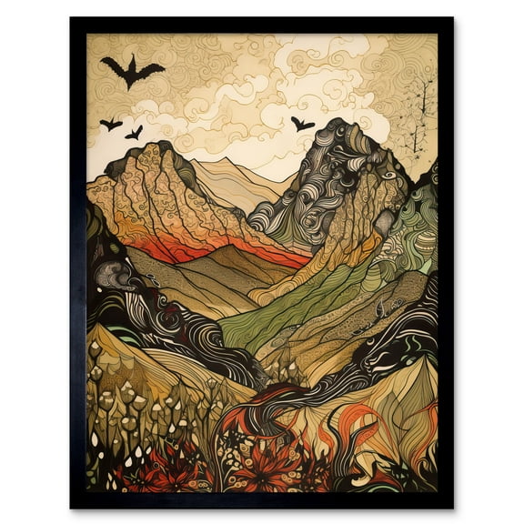 Mountain Landscape Multicoloured Pattern Linocut Art Print Framed Poster Wall Decor 12x16 inch
