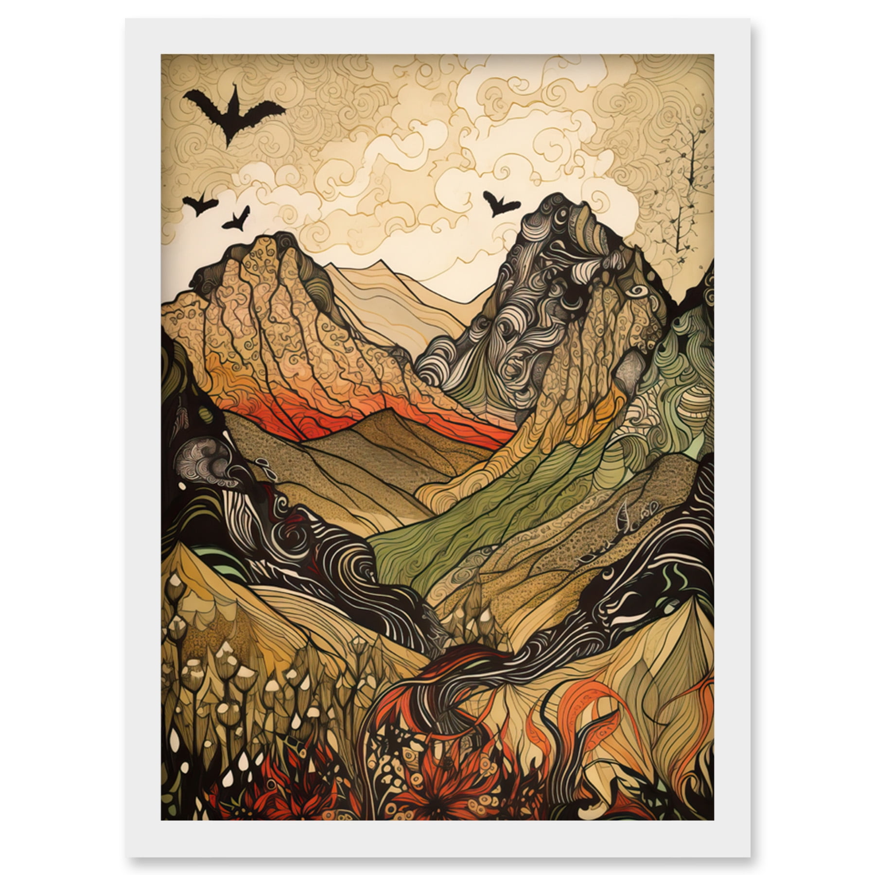 Mountain Landscape Multicoloured Pattern Linocut Artwork