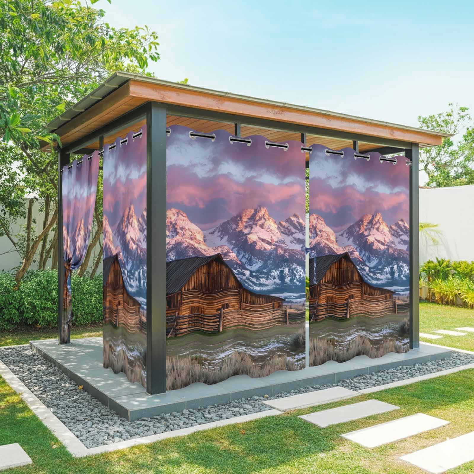 Mountain Landscape Outdoor Curtains for Patio, Rustic Barn Grasslands Farmhouse Sunshade Privacy Drapes Grommet Waterproof Outside Curtains for Porch/Cabana/Balcony 54"x 108", 1 Panel