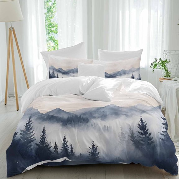 Mountain Landscape Peak Comforter Set Twin Size, Forest Tree Silhouette Soft Bedding Set for Man Woman, 4 Pieces Duvet Cover Set with Fitted Sheet, 2 Pillowcases