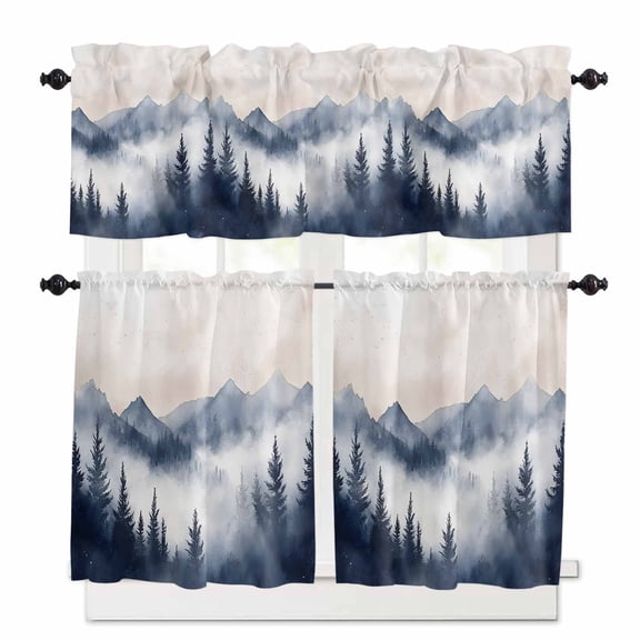Mountain Landscape Peak Kitchen Curtains and Valances Set, Forest Tree Silhouette Rod Pocket Window Valance 18 Inch Window Curtain Panels for Living Room Bedroom Laundry, 27.5x24in, 3 Pieces