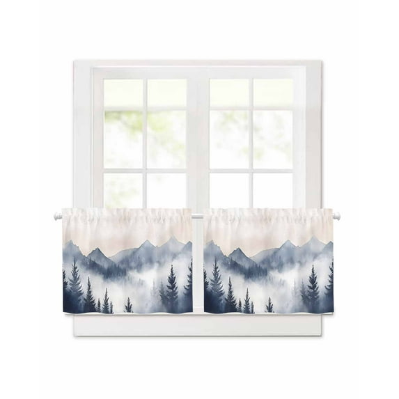 Mountain Landscape Peak Short Blackout Curtains 24 Inch Long Forest Tree Silhouette Rod Pocket Kitchen Curtains, 2 Panels Thermal Insulated Room Darkening Drapes for Bedroom, 30"W x 24"L