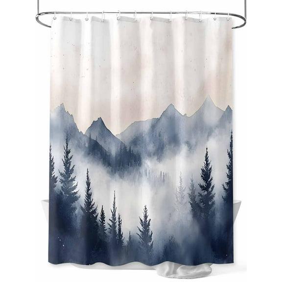 Mountain Landscape Peak Shower Curtain, Forest Tree Silhouette Waterproof Shower Curtain Set with 12 Hooks Lightweight Washable Fabric Shower Curtains for Bathroom 72x72 Inches