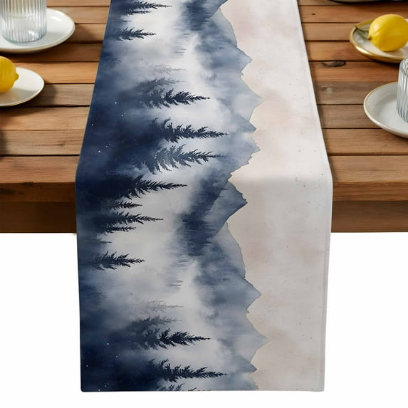 Mountain Landscape Peak Table Runner, Forest Tree Silhouette Kitchen Table Runners Dress Scarves for Table Decorations Party/Restaurant/Indoor Outdoor Use, 13x72in