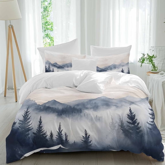 Mountain Landscape Peak Twin Duvet Cover Set, Forest Tree Silhouette 4 Piece Microfiber Bedding Set with Zipper Closure, Bed Sheet and 2 Pillow Shams, Soft Bedding Cover