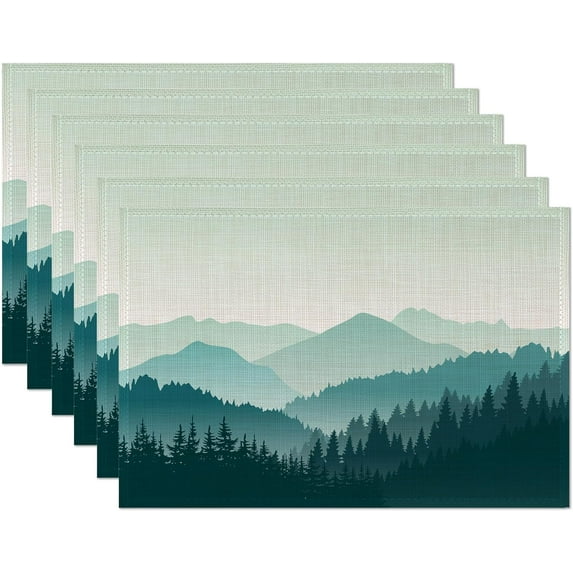 Mountain Landscape Placemats Set of 6,Abstract Misty Mountain Forest Linen Washable Kitchen Dining Table Mats Heat Resistant Place Mats for Home Party Indoor Holiday 12x18 Inch