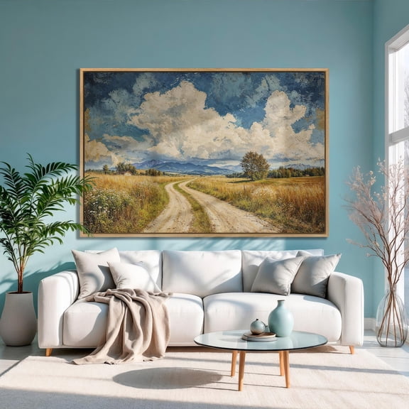 Mountain Landscape Poster, Cloudy Blue Sky Field Road Art Home Decor, 12x18 UNFRAMED