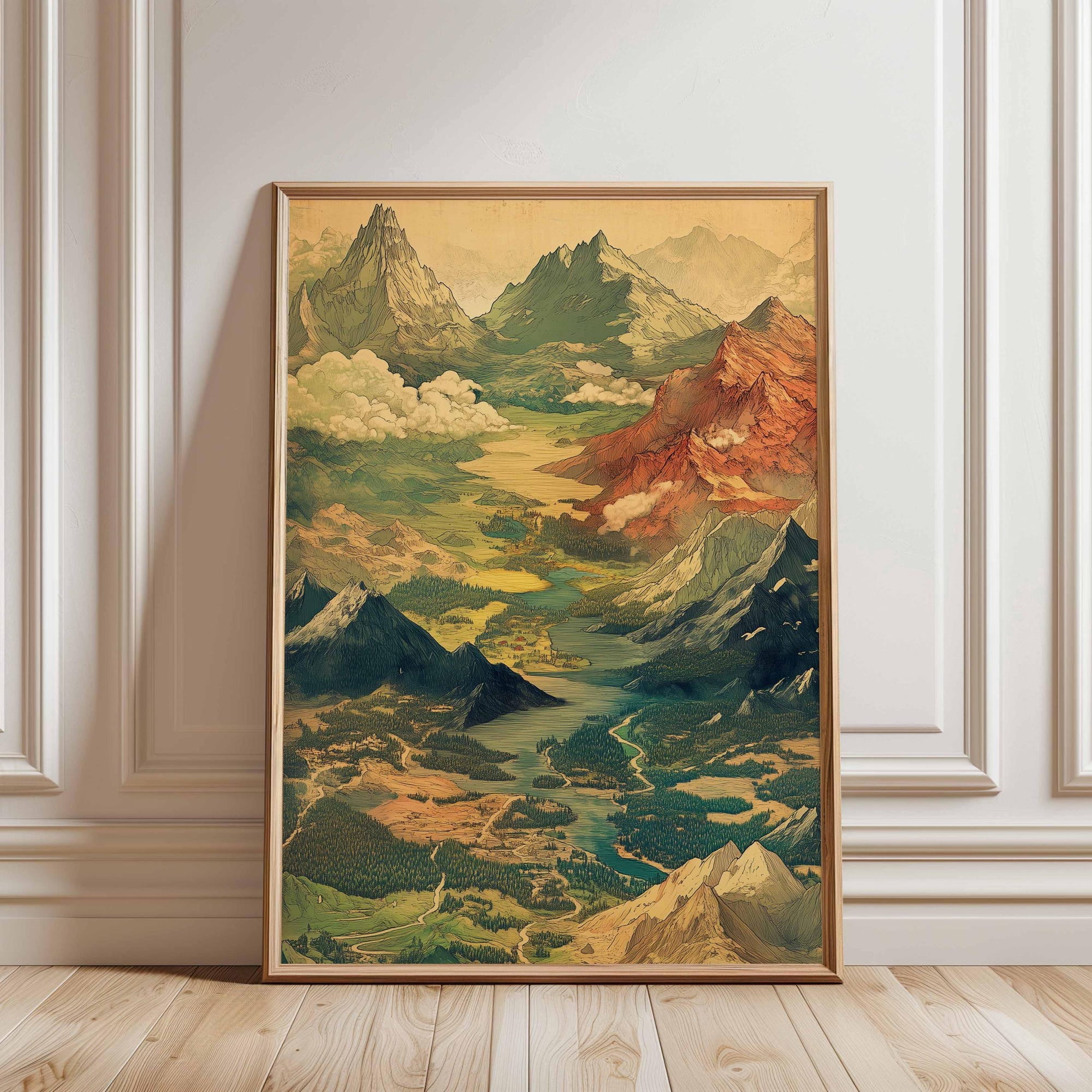 Mountain Landscape Poster Panoramic Nature Art Print Retro