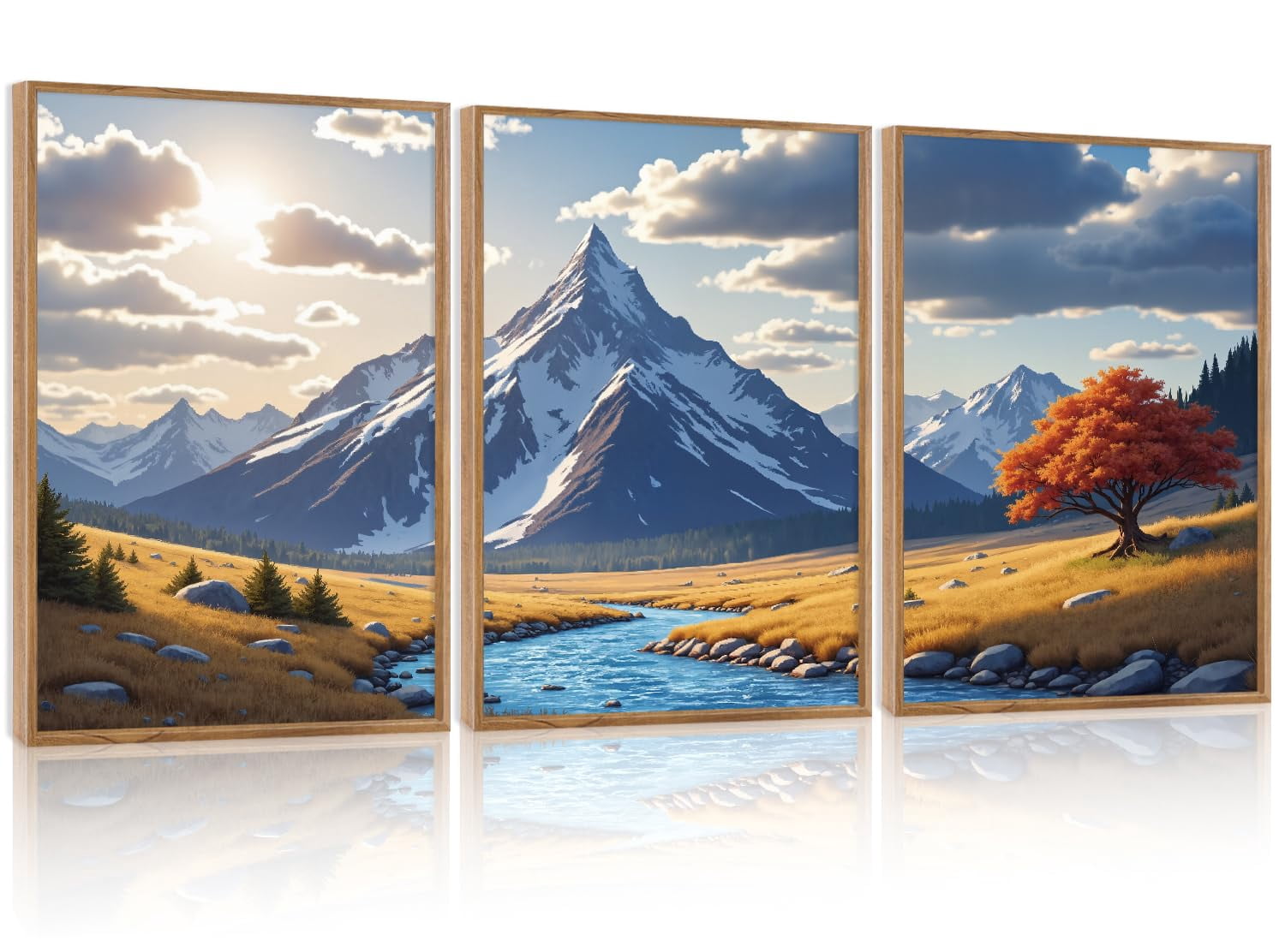 Mountain Landscape Poster Wall Art Rustic River Forest Sunrise Nature ...
